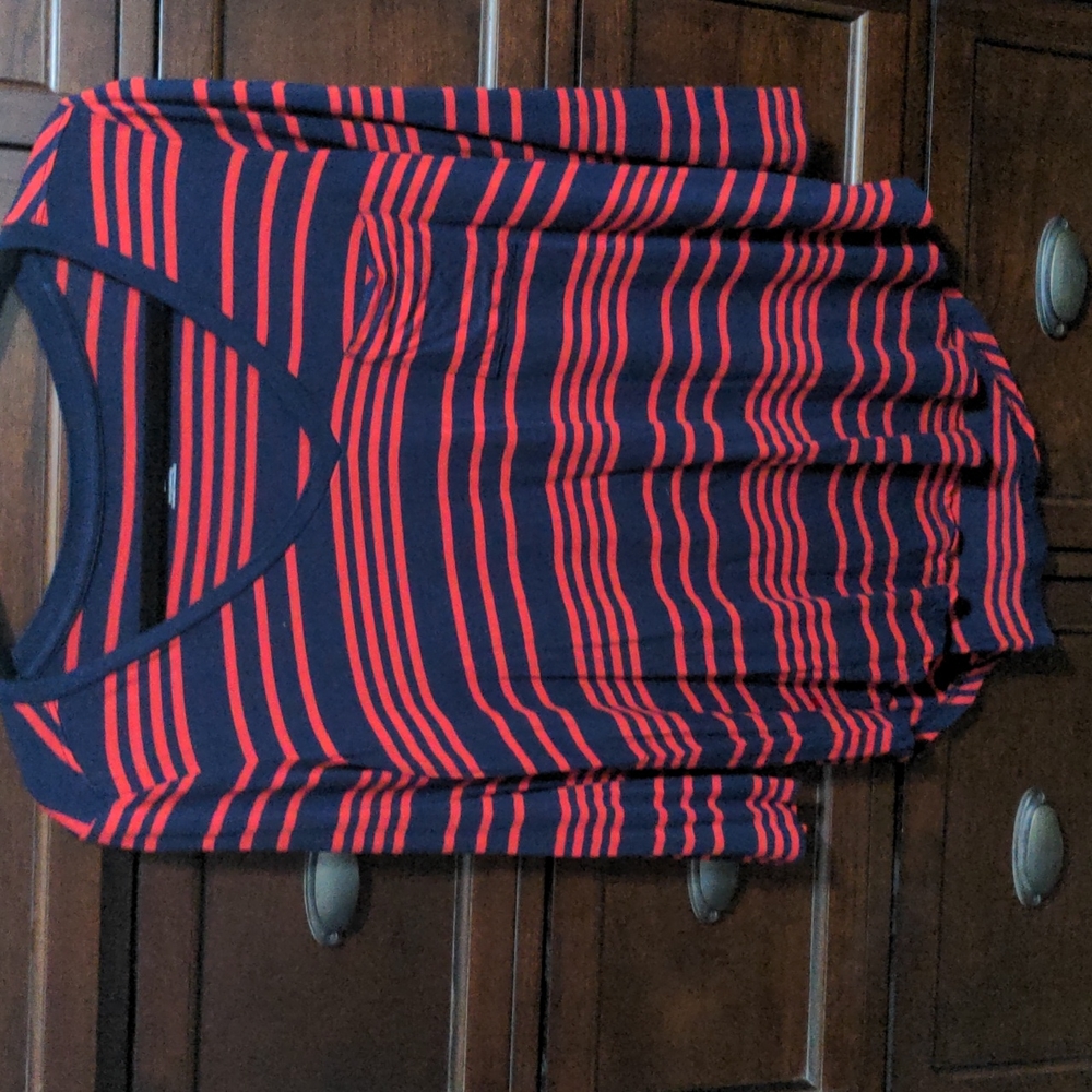 Merona Women's Long Sleeve Blue Red Striped V- Neck Pull Over Shirt. Siz…
